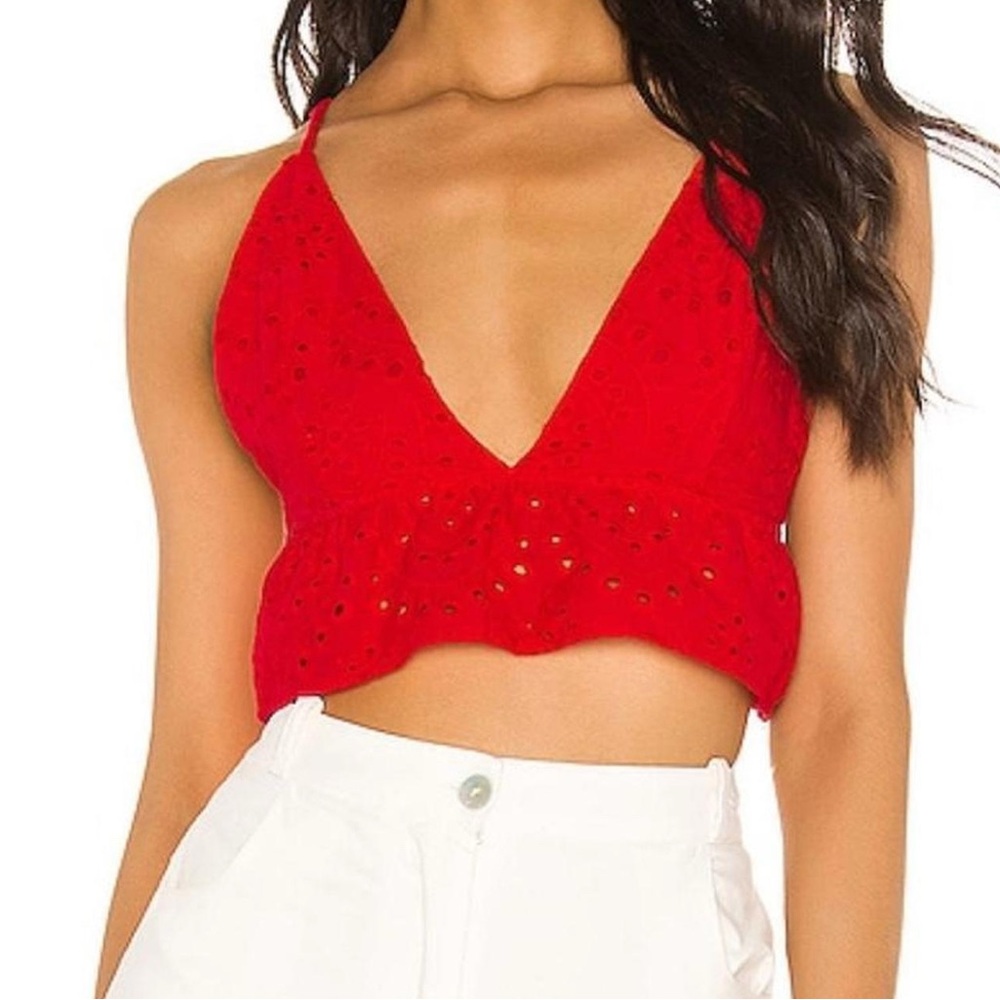 Superdown Red Eyelet Ruffle Trim Crop Top Small
